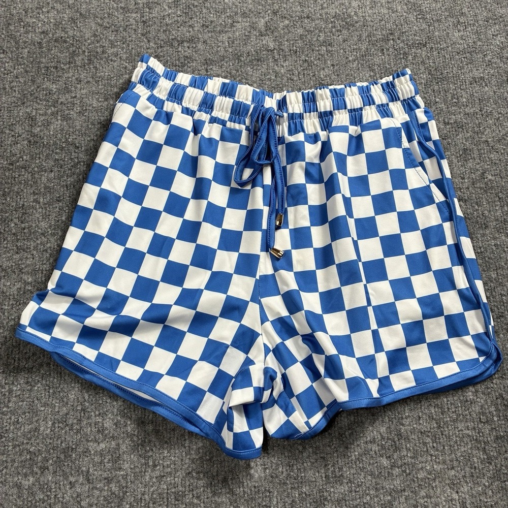Blue White Checkerboard Shorts Elastic Waist Drawstring Dolphin Hem Sz Small